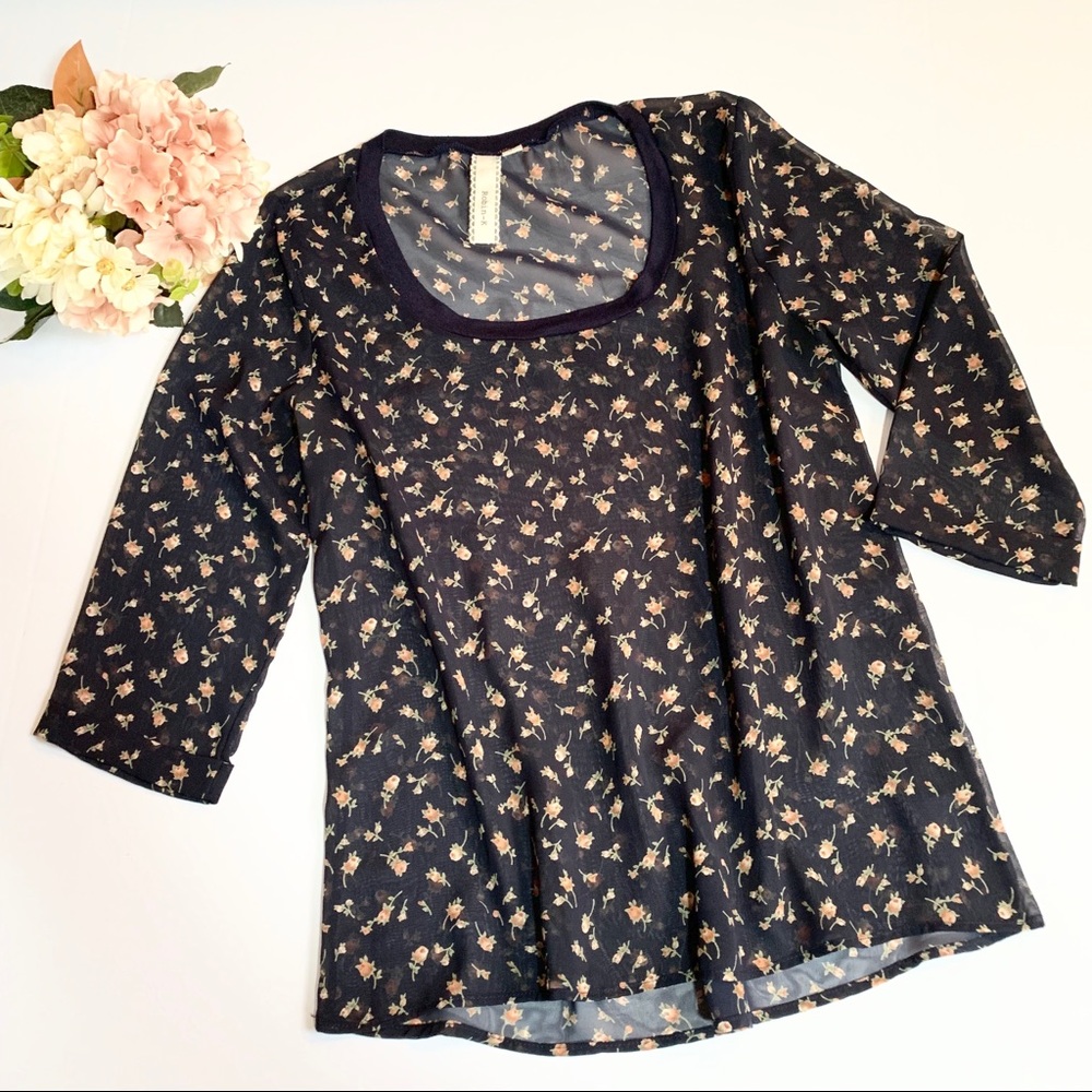 Robin-K Sheer Navy Top w/Roses